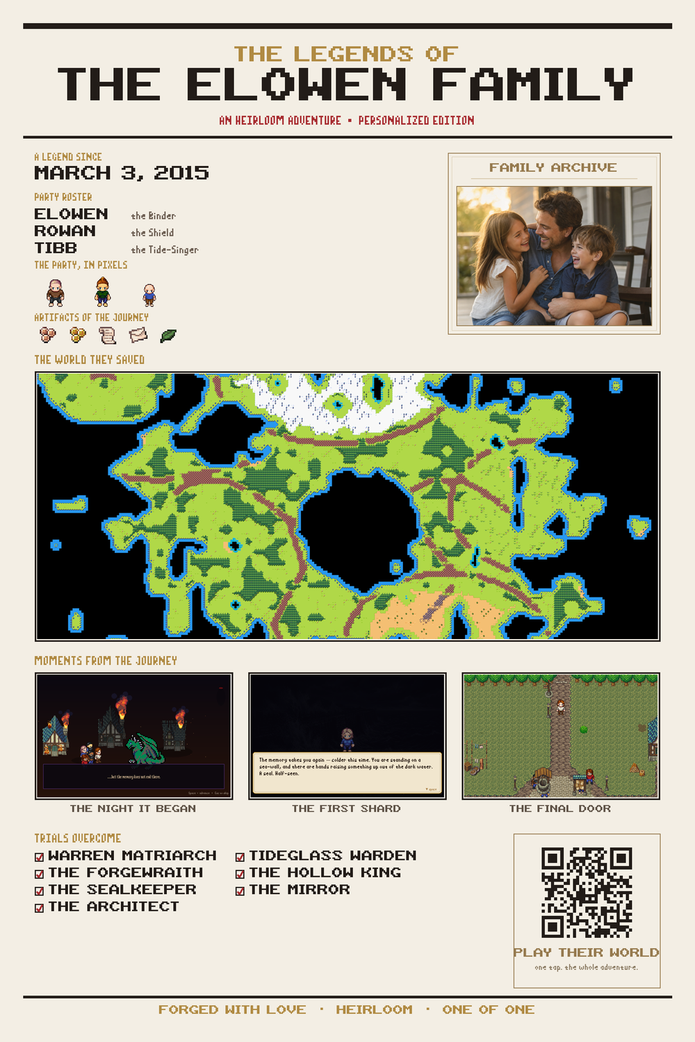A real HEIRLOOM keepsake poster: family photo, party roster, their world map, and the scan-to-play code
